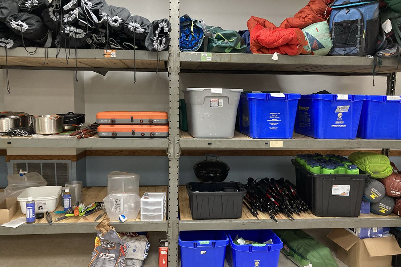 outdoor gear on shelves