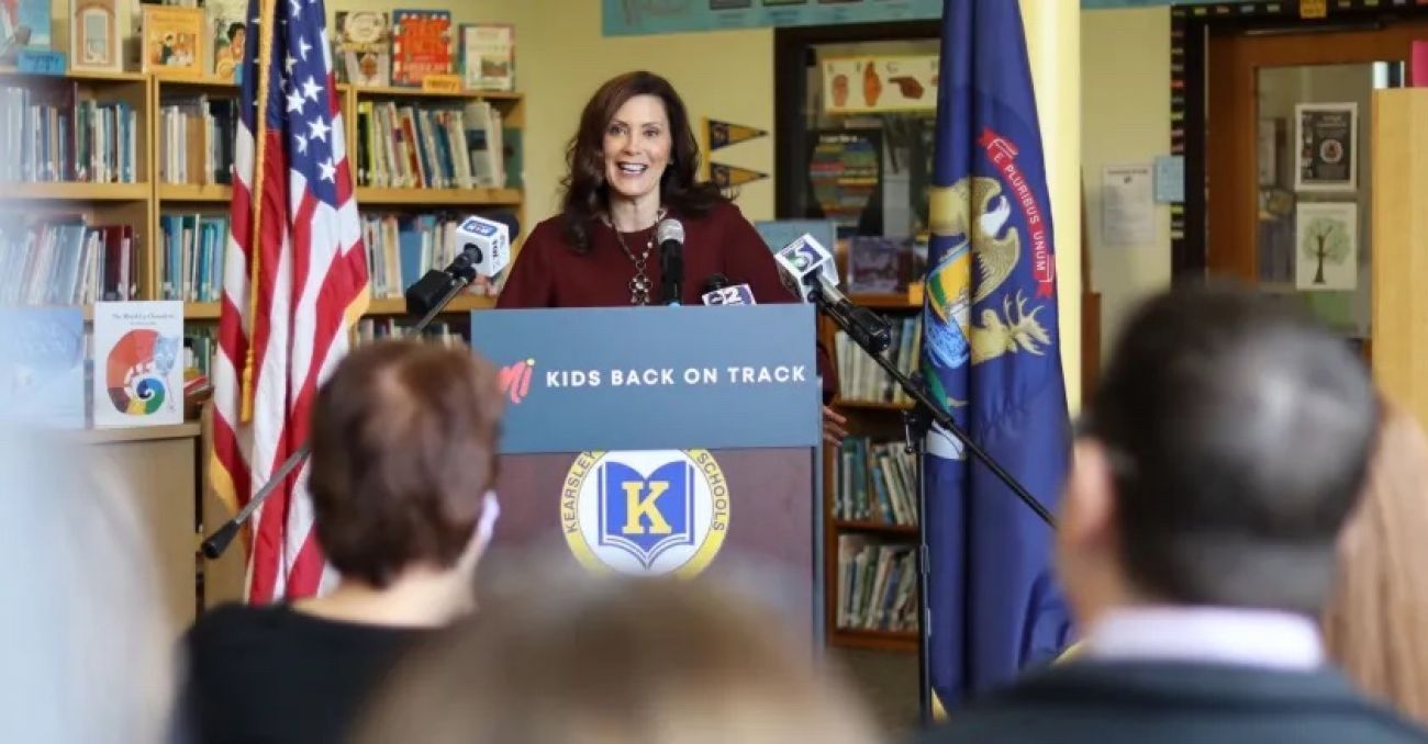 Gov. Gretchen Whitmer at a press conference in a school