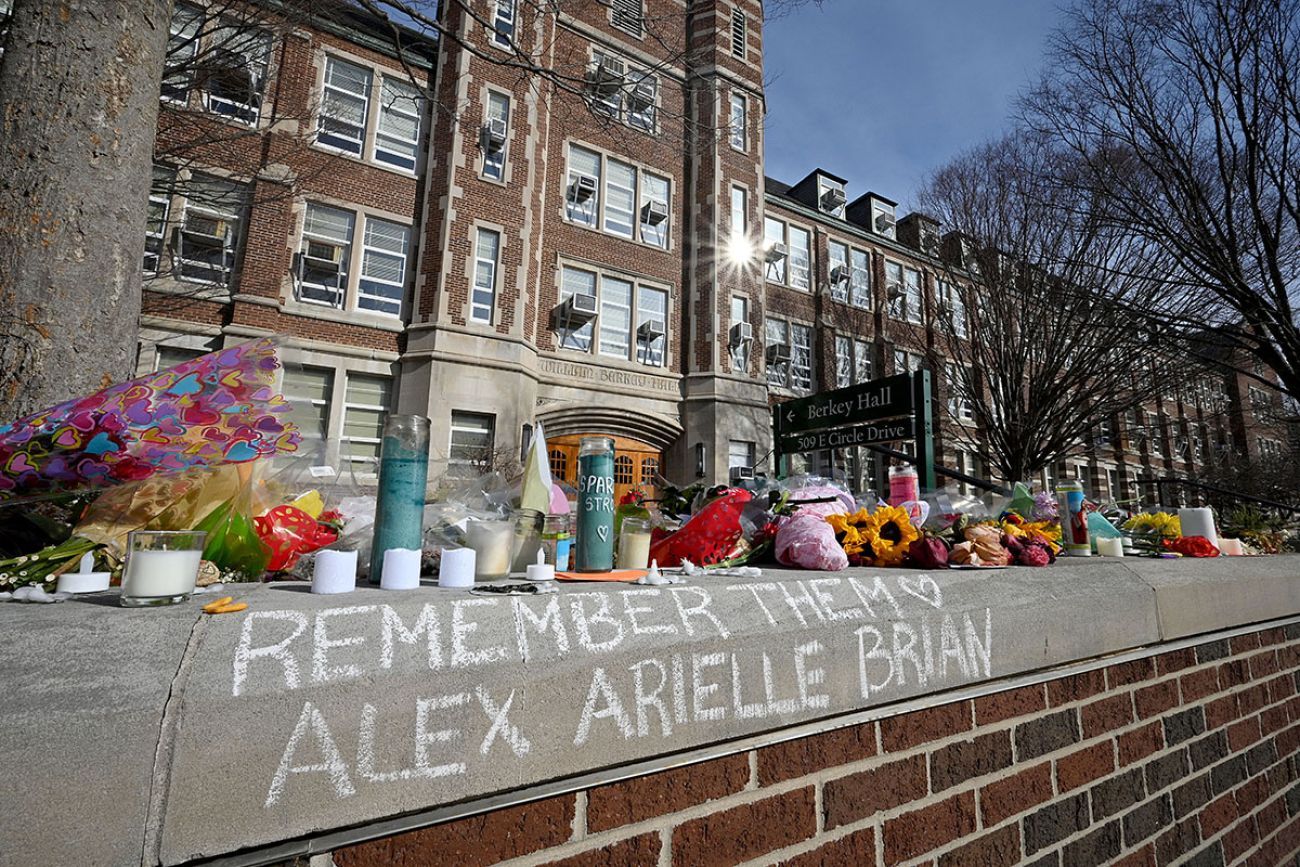 outside of Berkey Hall. it says "remember them alex, arielle, brian"