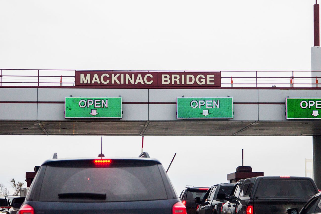  Toll plaza and traffic on the Mackinaw Bridge in Michigan.