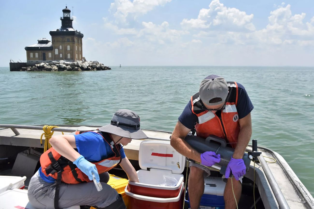 Two researchers on a boat