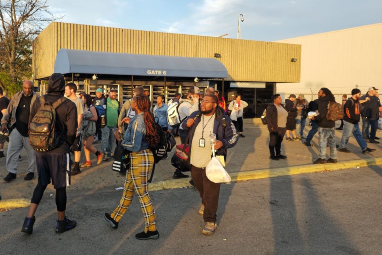 Workers leave the Kentucky Truck Plant 