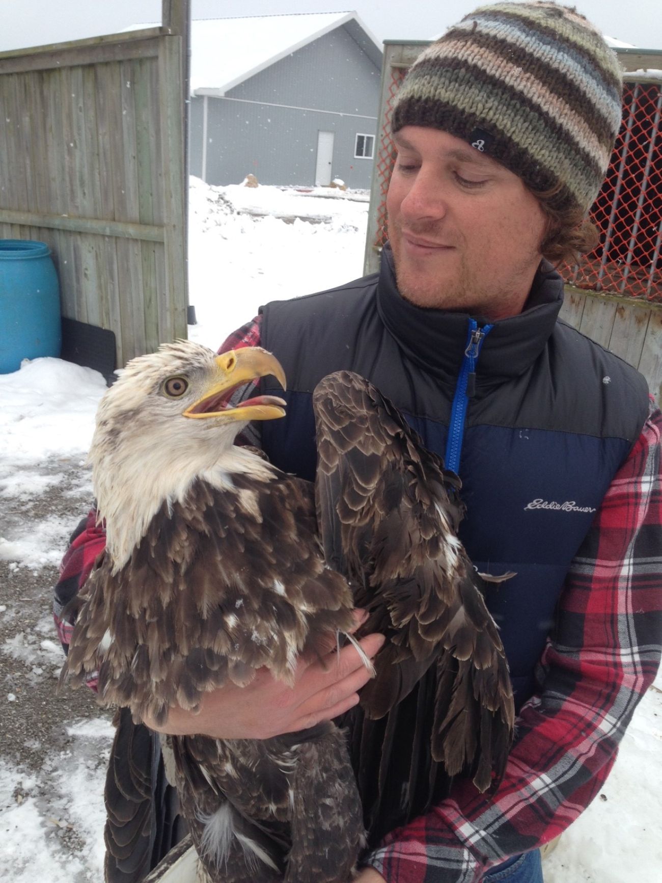 A man holding a bald eagle 