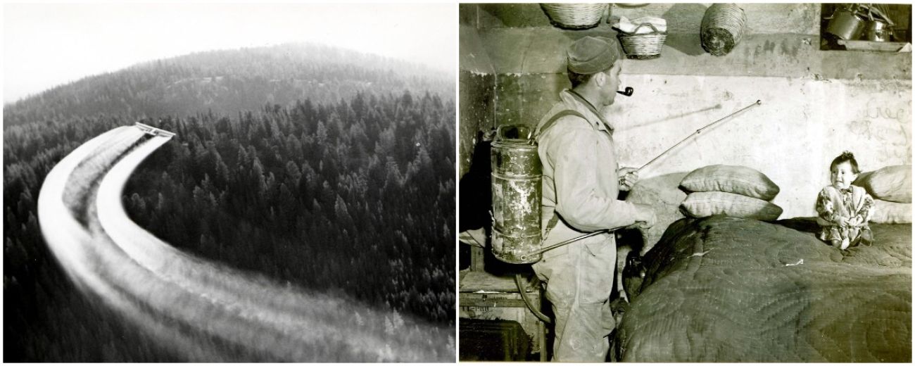 two historical photos. On the left looks like a spray in the sky. One is a man and a child in a room.