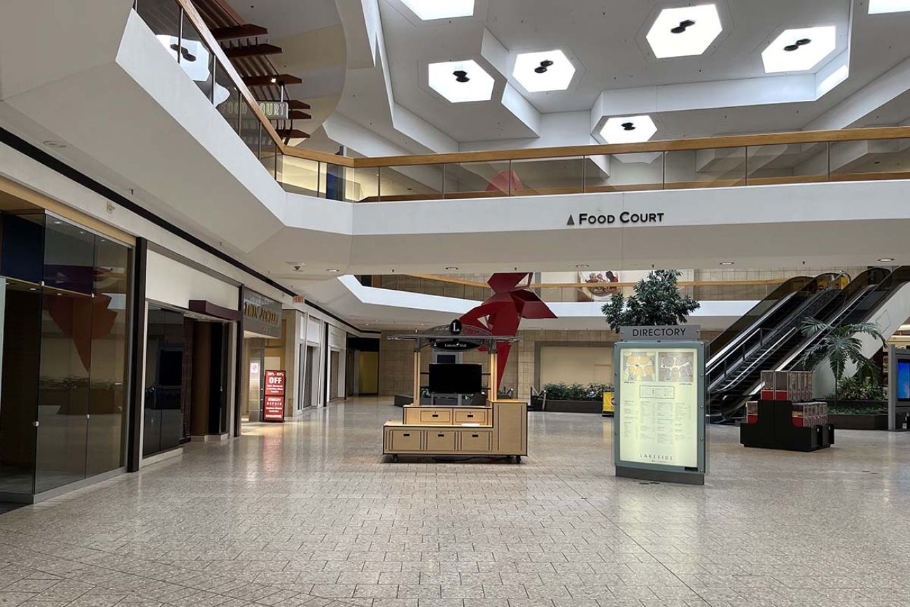 You can see a sign for the food court inside Lakeside Mall
