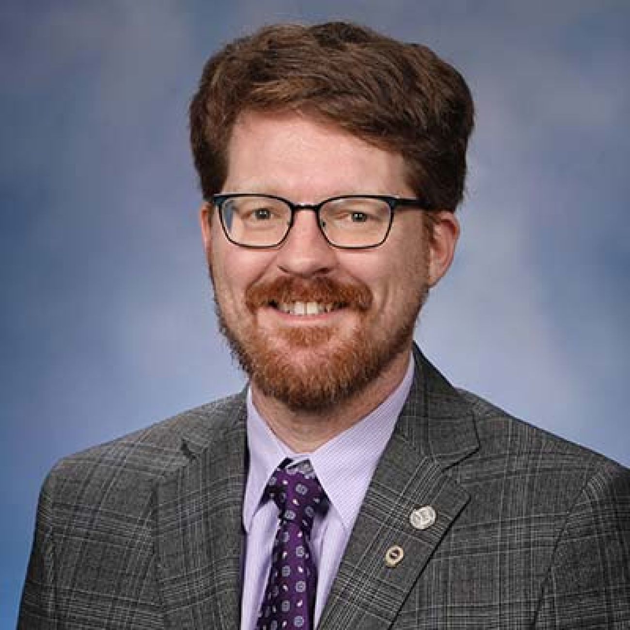 Rep. Joey Andrews, D-St. Joseph, headshot. He is wearing a grey suit with a purple shirt
