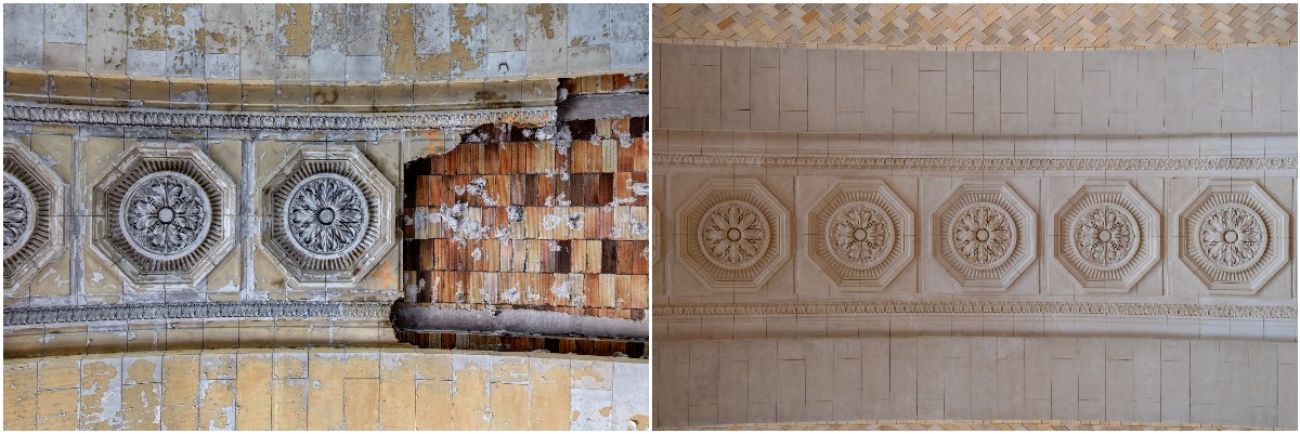 on the left, shows it's falling apart with exposed brick. On the left, there is a beautiful limestone pattern 