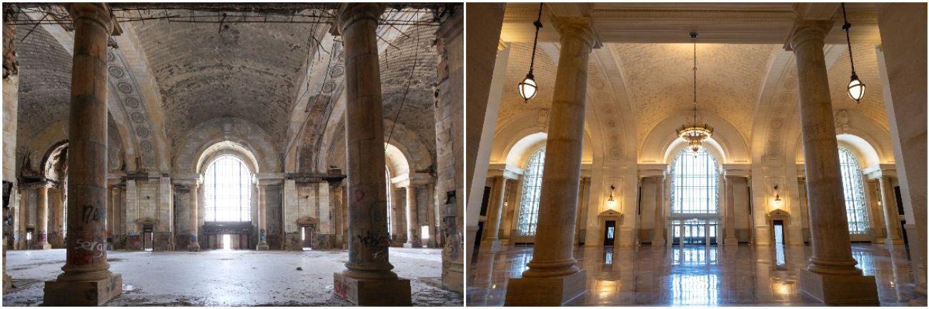 the left of the grand hall and the right of the grand hall. the left photo, the space looks dirty 
