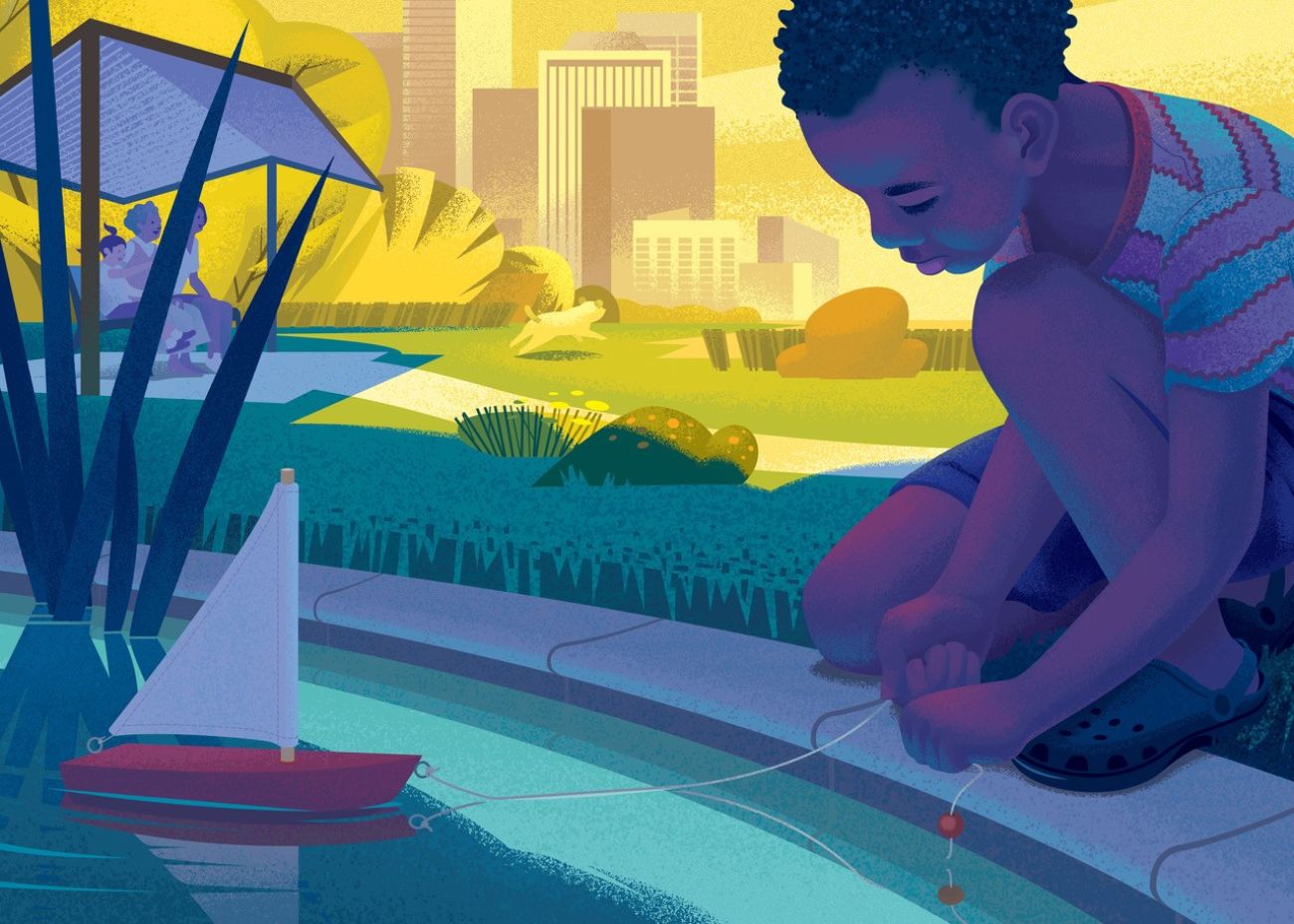 a graphic of a boy playing by a pond. There's a city behind him