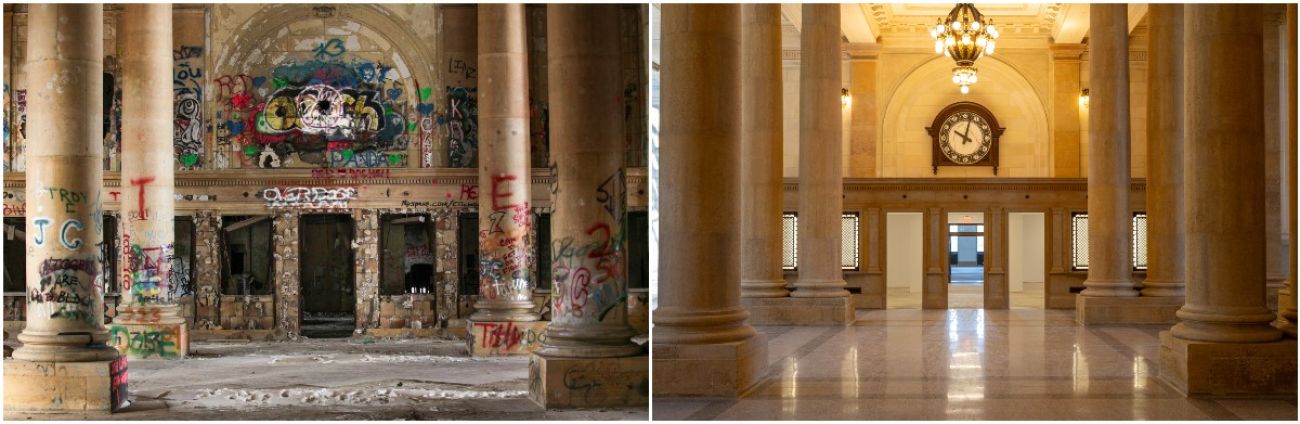 Graffiti of a ticket booth on the left. One right, there's no more graffiti and it looks new