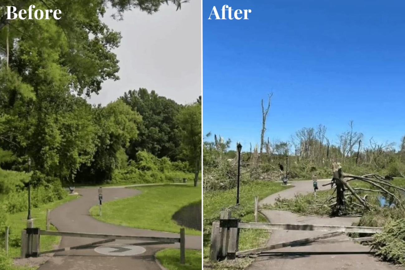 Before and after of park damaged after tornado