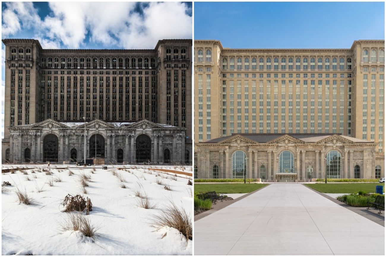 before and after photos of the Michigan Central Station
