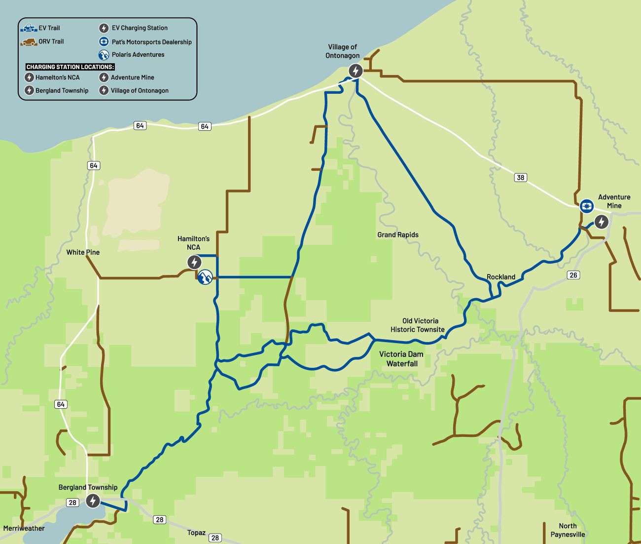 A map of the electric ORV charging network at the Porcupine Mountains area in Michigan