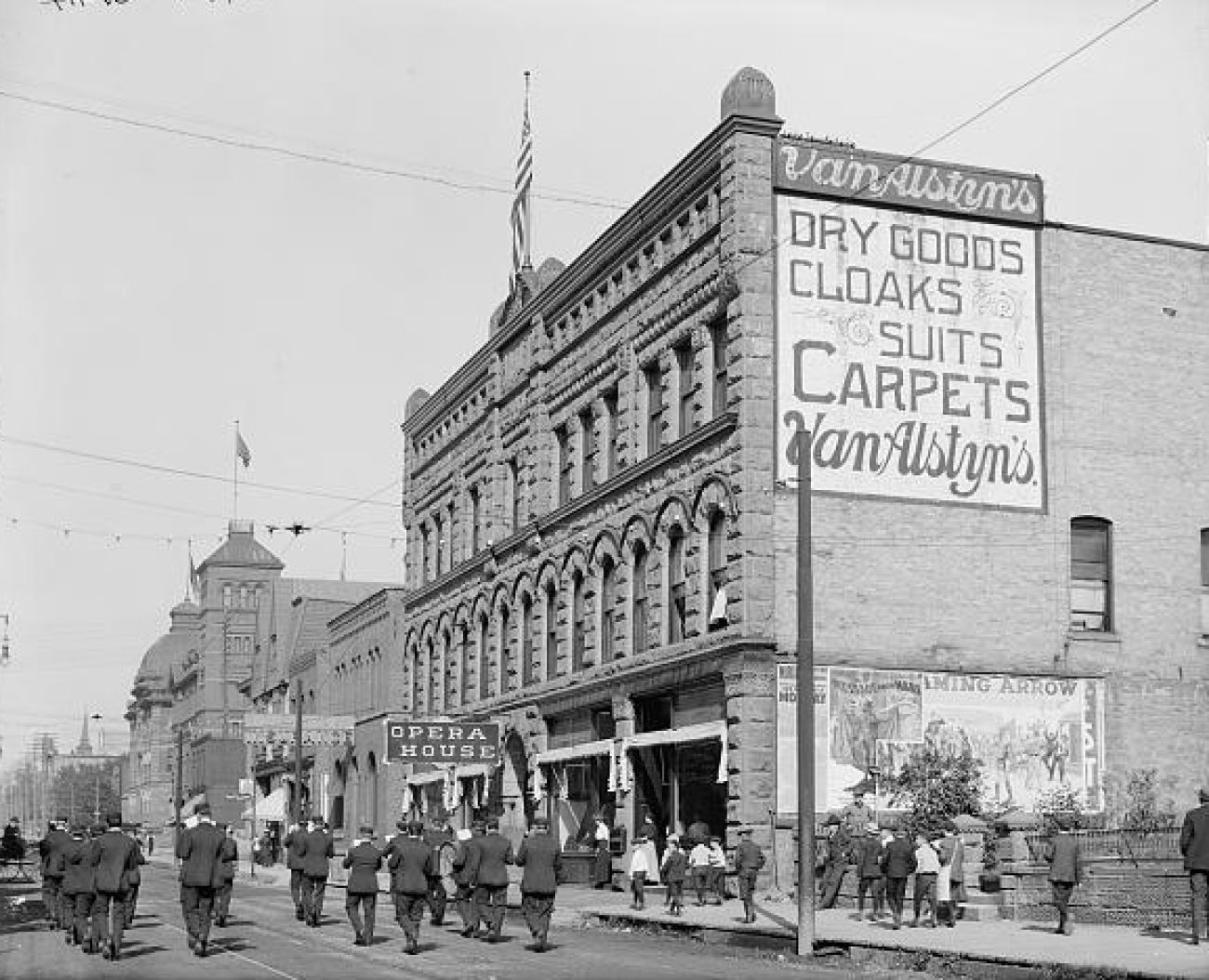 A black white photo of the Marquette Opera House 