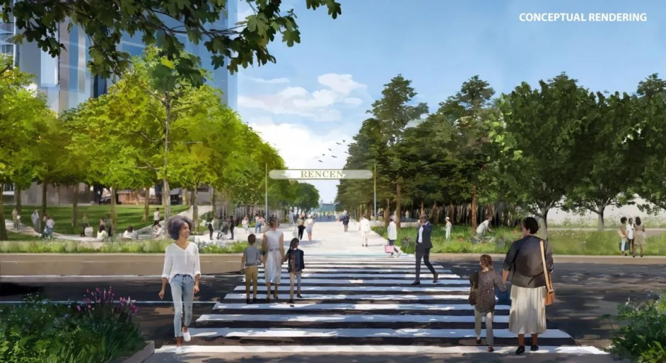 A rendering of a promenade area along the Detroit riverfront