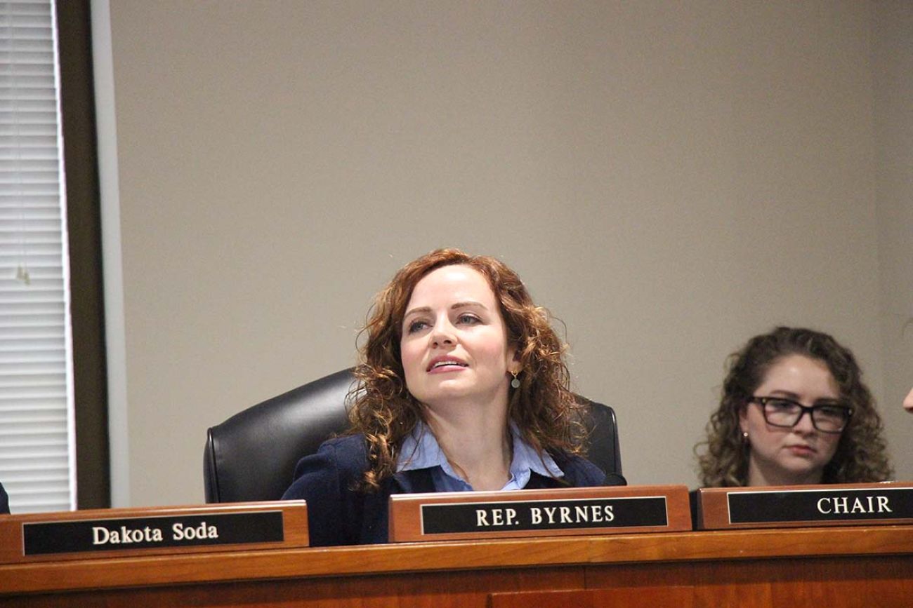 Rep. Erin Byrnes, D-Dearborn, behind a bench