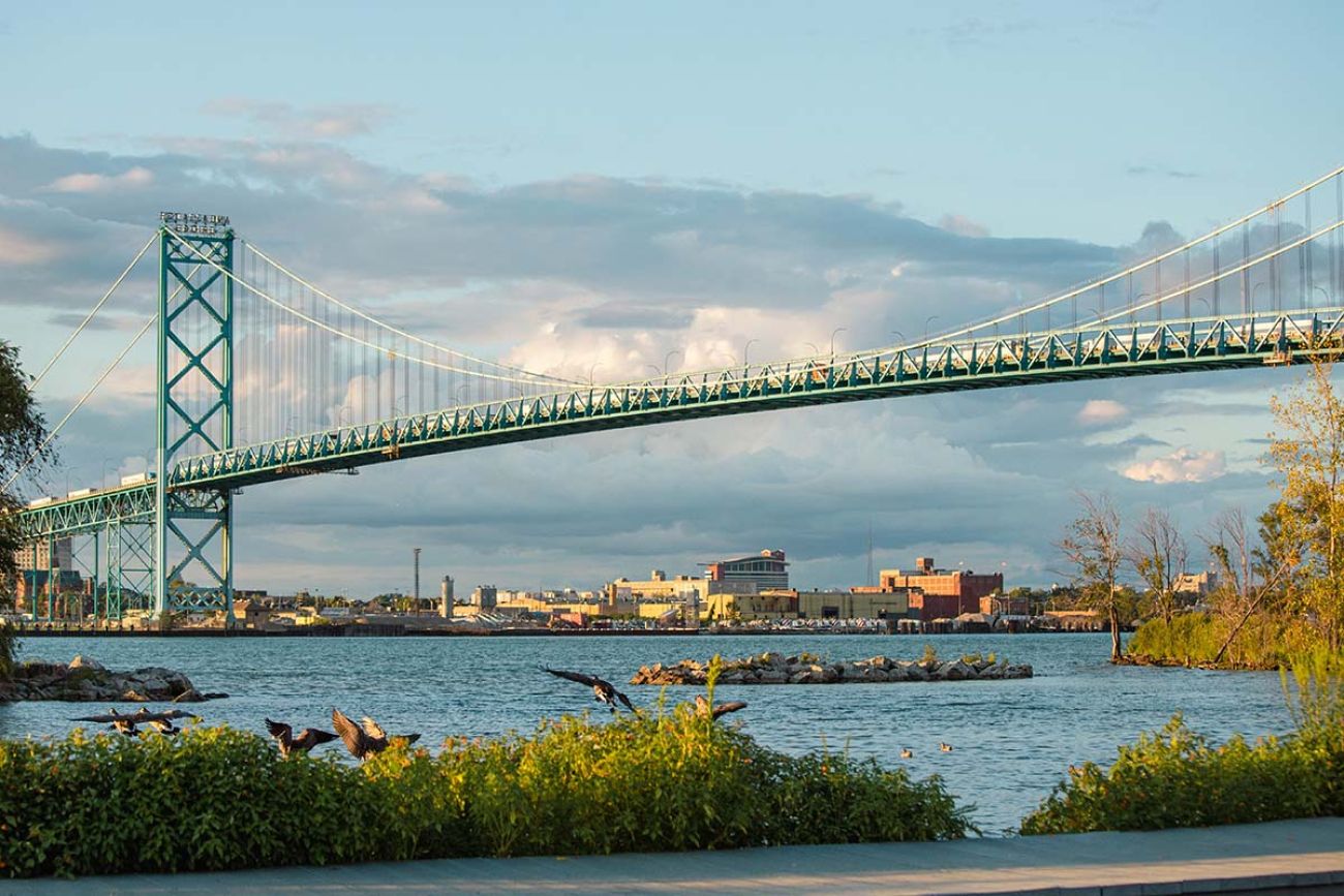 View of Ambassador Bridge over Detroit River. 