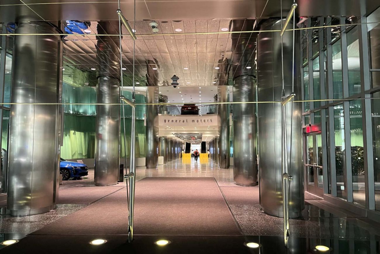 An entrance of the Renaissance Center in Detroit, Michigan. 