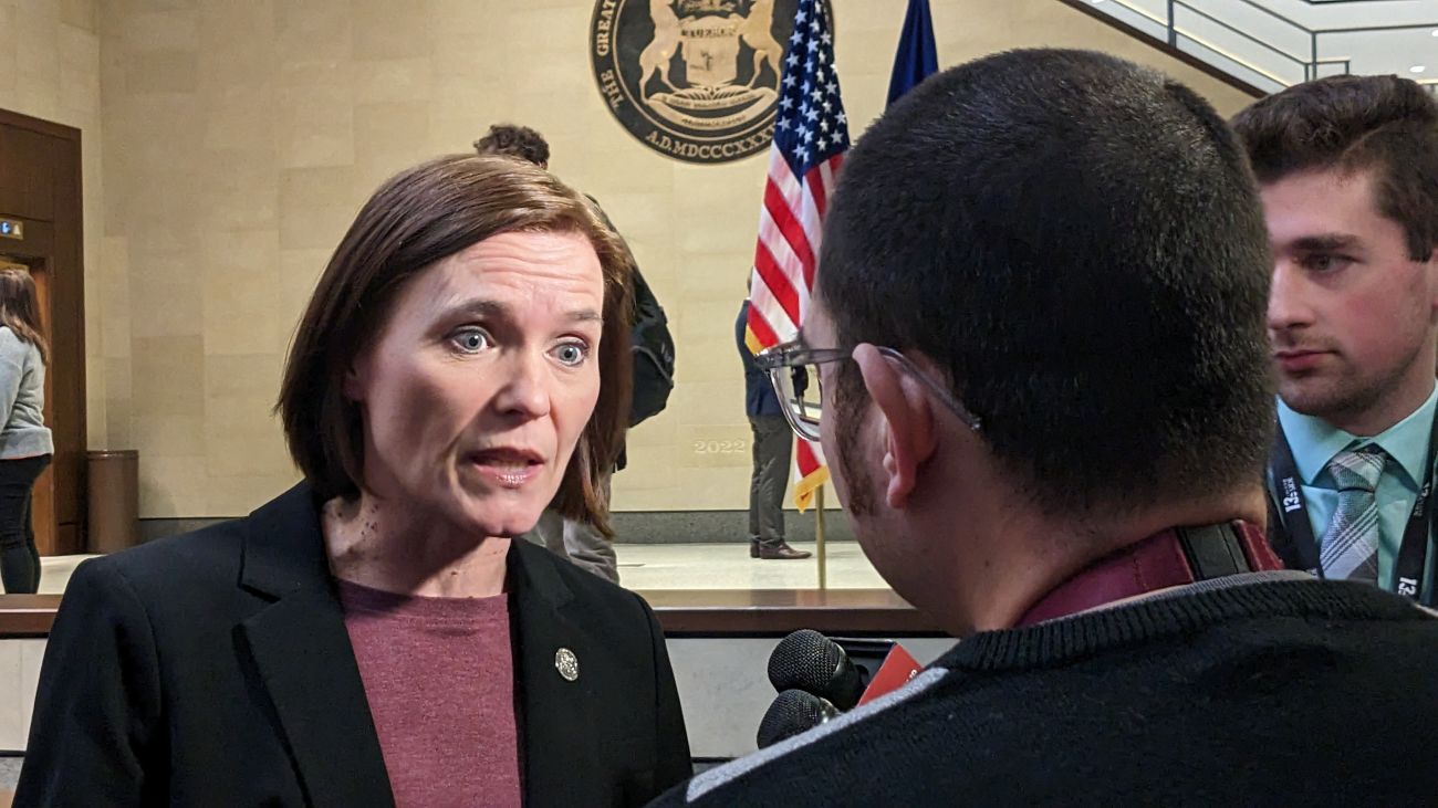 Michigan Majority Leader Winnie Brinks, D-Grand Rapids, speaks to a reporter