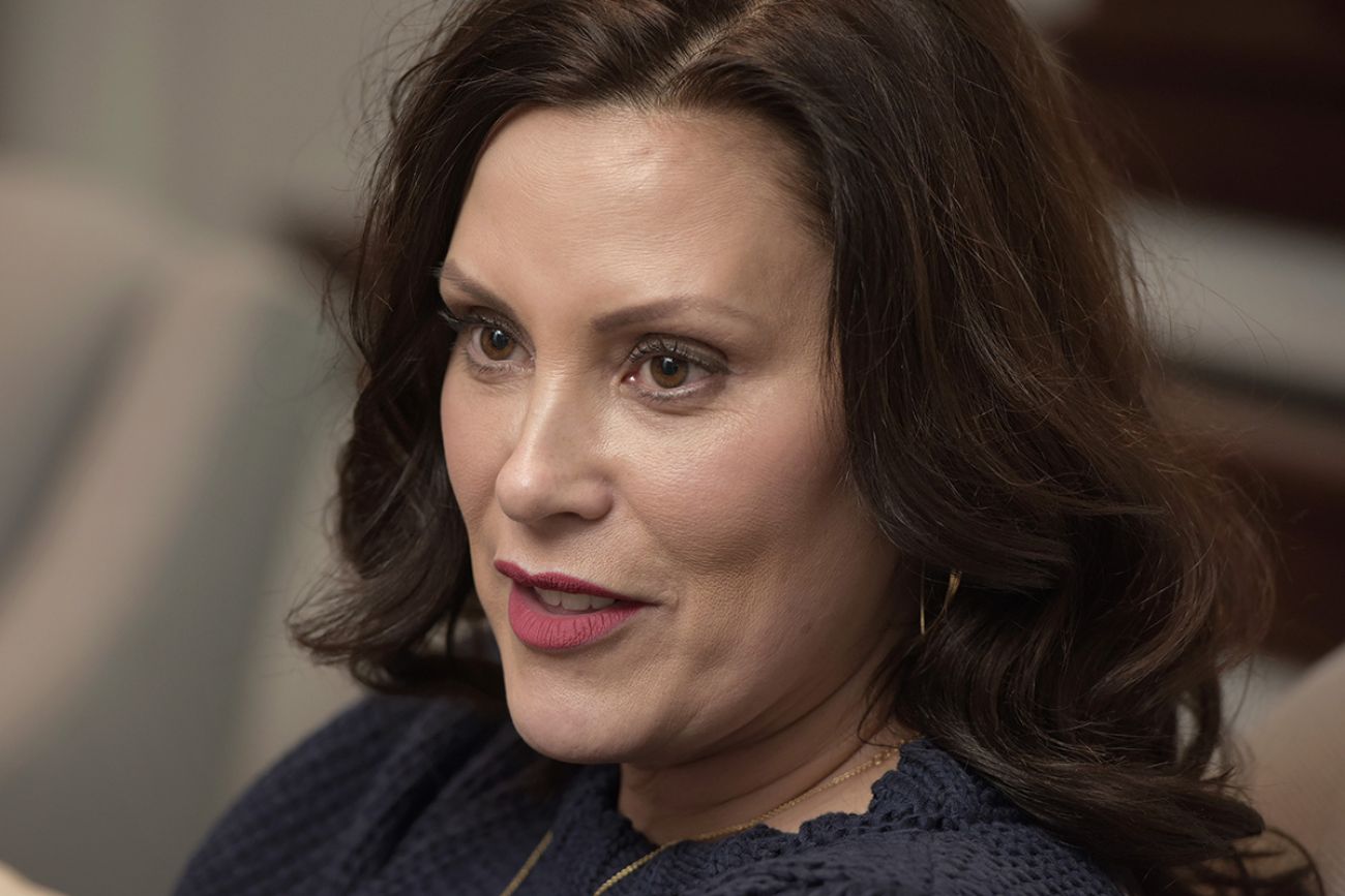 Michigan Gov. Gretchen Whitmer wearing a blue shirt. 