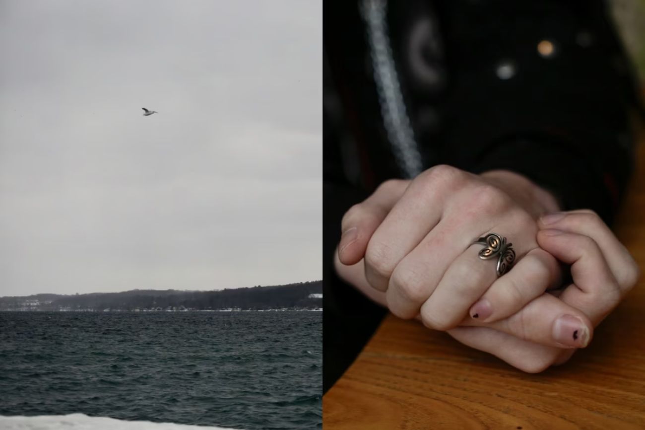 On the left is Grand Traverse Bay. On the right is a close-up of hands.