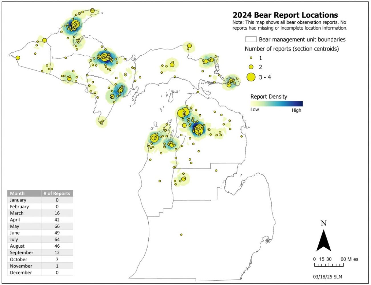 A map showing bear sightings in Michigan