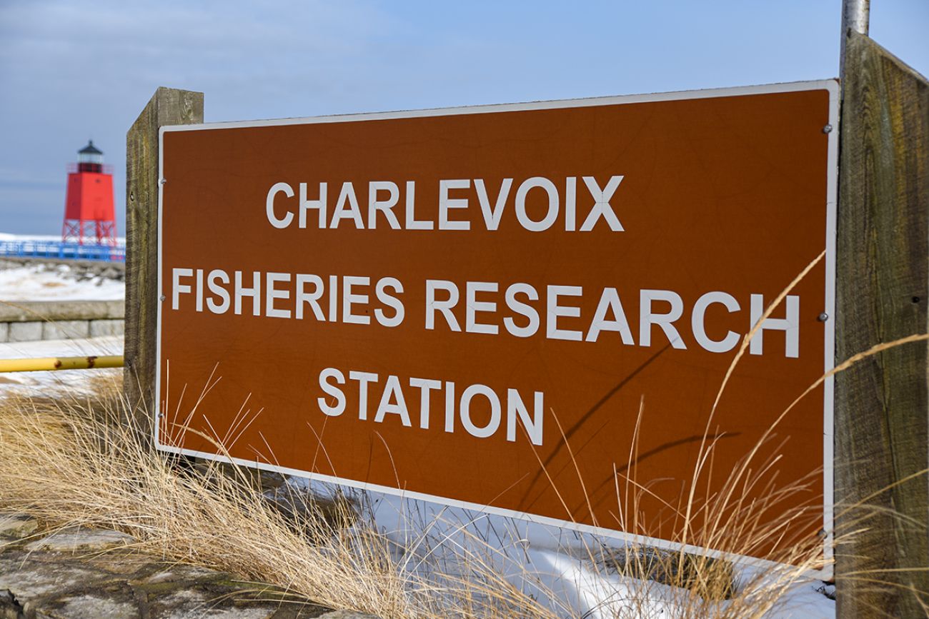 A sign for the Charlevoix Fisheries Research Station.