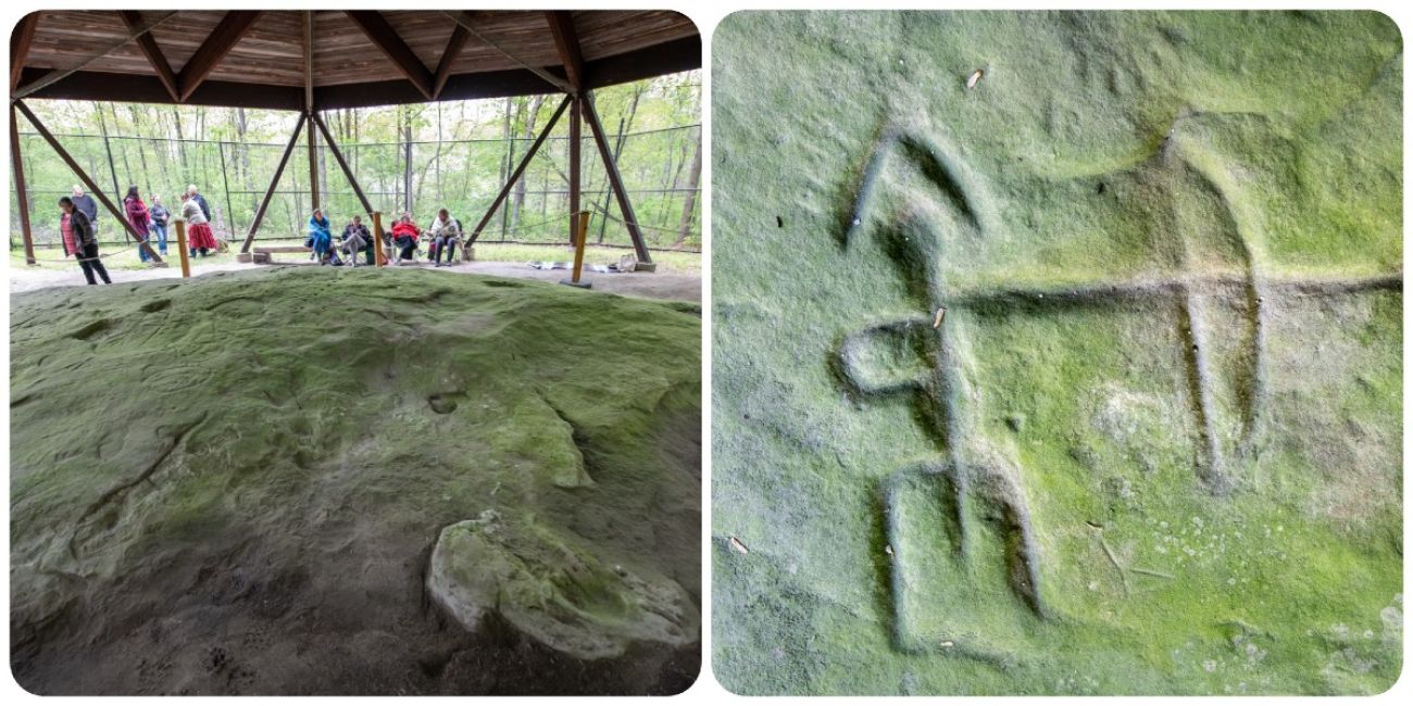 A collage of two images. On the left, people walk around a large stone on which ancient carvings are made. On the right, a closeup of one of those ancient carvings.