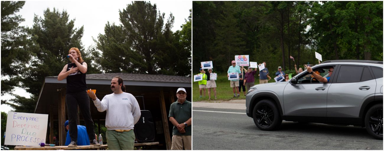 Left: Maggie Doyle stands on a table. Right: A man sticks out his middle finger out to protesters. 