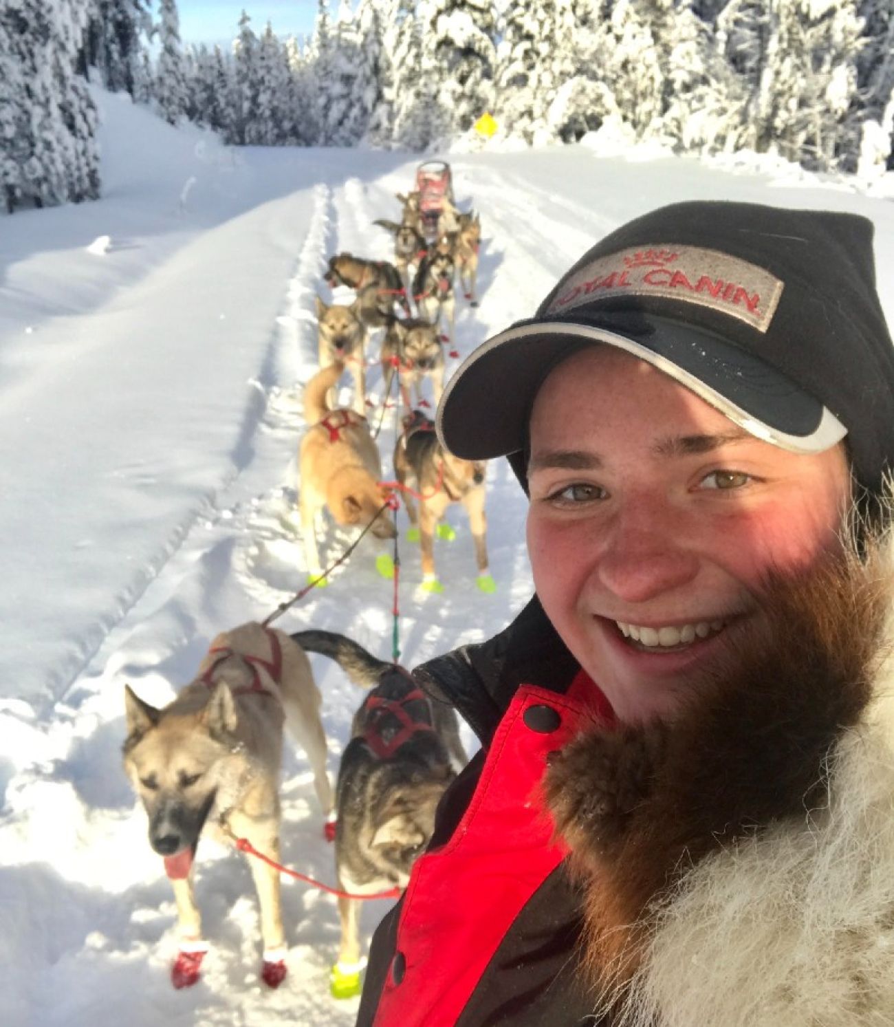 A woman poses for a photo with a team of sled dogs 