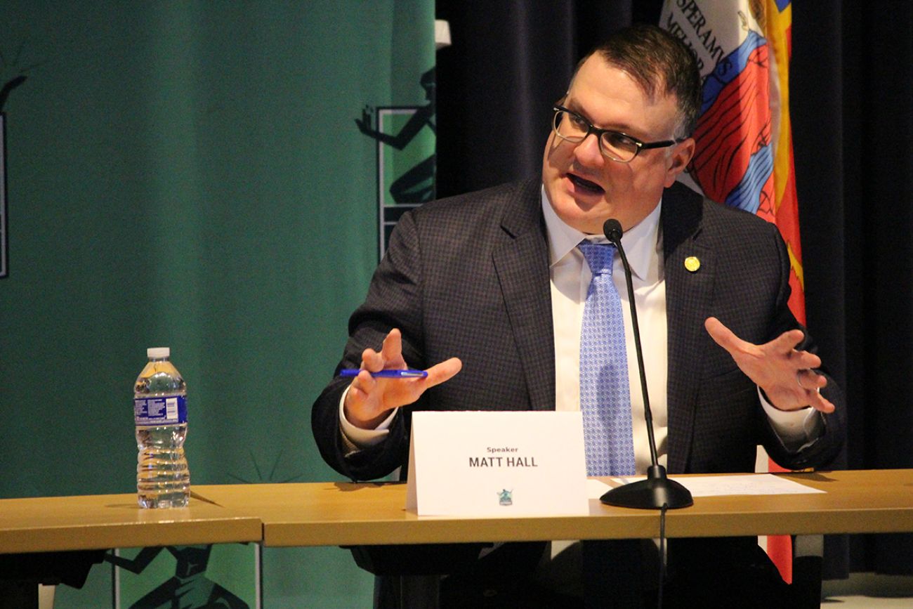 House Speaker Matt Hall, R-Richland Township, talks into a microphone.