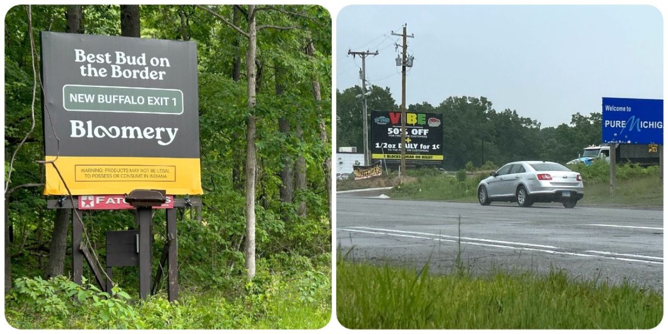 A collage of two photos show marijuana billboards alongside roads