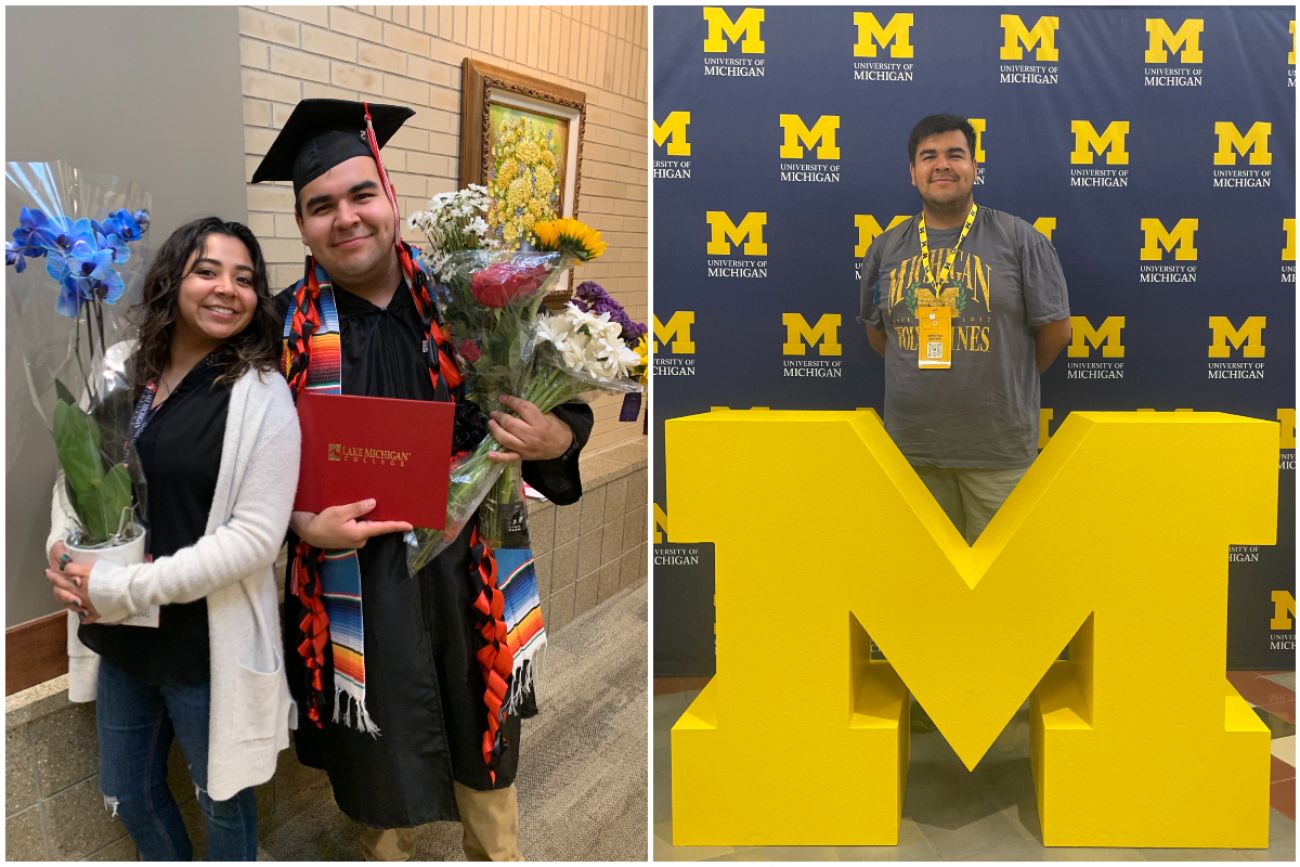 Renato Recillas with his graduation robe on the left. On the right, Recillas poses next to a University of Michigan logo.