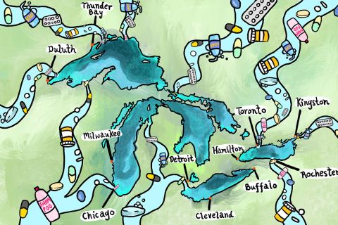 Illustration of trash in the Great Lakes