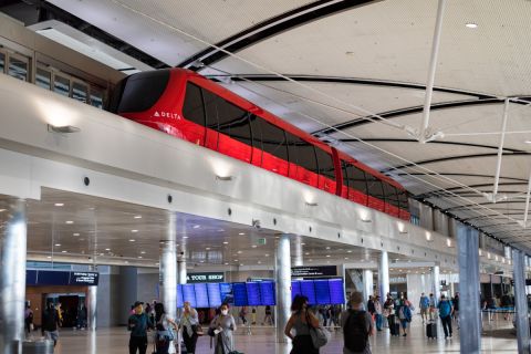 View of the McNamara Terminal and Delta Express Tram at Detroit Metropolitan Wayne County Airport, in Romulus, Michigan