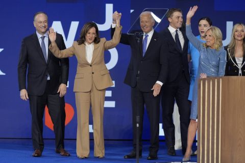 Democratic presidential nominee Vice President Kamala Harris and President Joe Biden on stage with second gentleman Doug Emhoff, left, and first lady Jill Biden, right, on the stage at the DNC