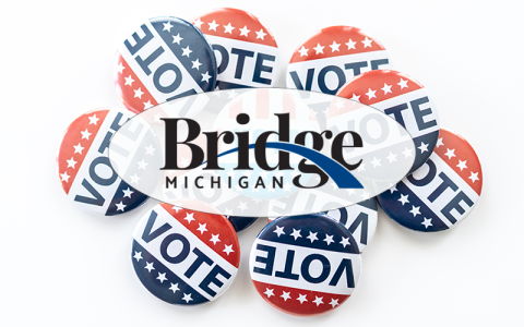 Bridge Michigan logo in the foreground, vote buttons in the background