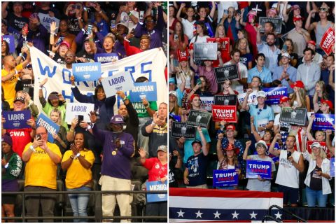 Harris supporters on the left and Trump supporters on the right