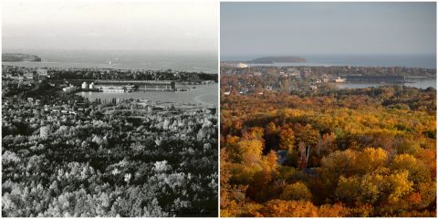 A black and white photo of downtown Marquette on the left and a photo of downtown Marquette; featuring trees with fall colors