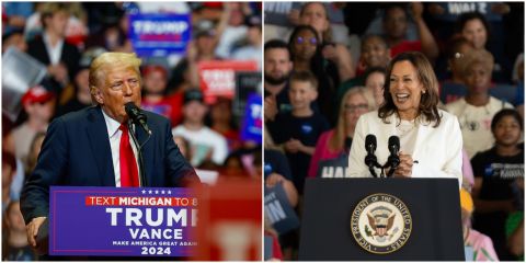 Former President Donald Trump rally photo on left and Kamala Harris on the right