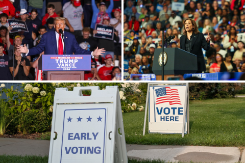 three photos. Donald Trump on the left, Kamala Harris on the right and early voting sign at the bottom