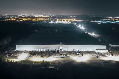 An view of the Ultium Cells EV battery factory in Delta Township, Mich.