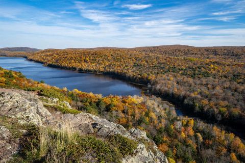 An aerial view of the Porcupine Mountains Wilderness State Park in Michigan