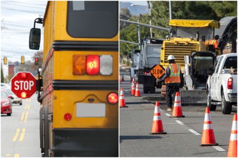 A school bus on the left and construction zone on the right