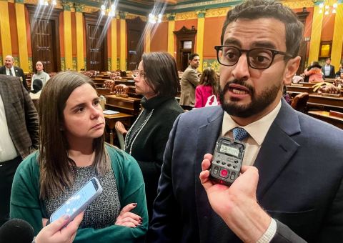 Democratic state Reps. Laurie Pohutsky of Livonia, left, and Abraham Aiyash of Hamtramk in the Michigan House