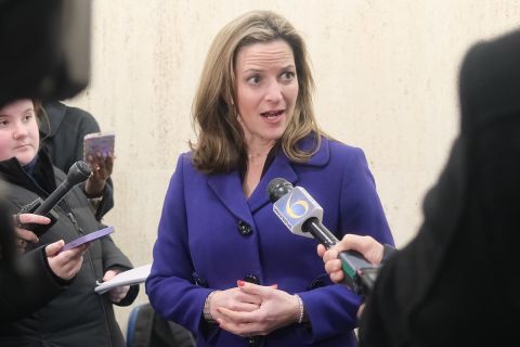 Michigan Secretary of State Jocelyn Benson speaks to reporters.