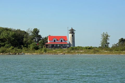 Red and white lighthouse. 
