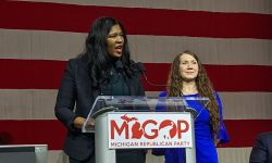 Michigan GOP Chair Kristina Karamo and co-chair Malinda Pego on stage