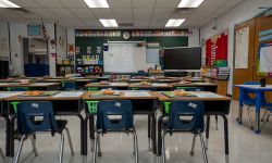 Wide angle view of empty elementary school classroom 