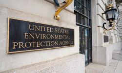 Closeup of the sign seen at one of the entrances to the U.S. Environmental Protection Agency (EPA) Headquarters at Federal Triangle in Washington, DC.